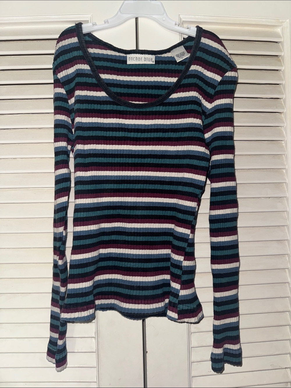 anchor blue Multicolor Striped Ribbed Long-Sleeve Top - Teal/Black/Purple/White